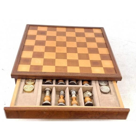 VINTAGE WOOD & METAL CHESS & CHECKER SET CASE DRAWER STORAGE SET - Picture 1 of 7